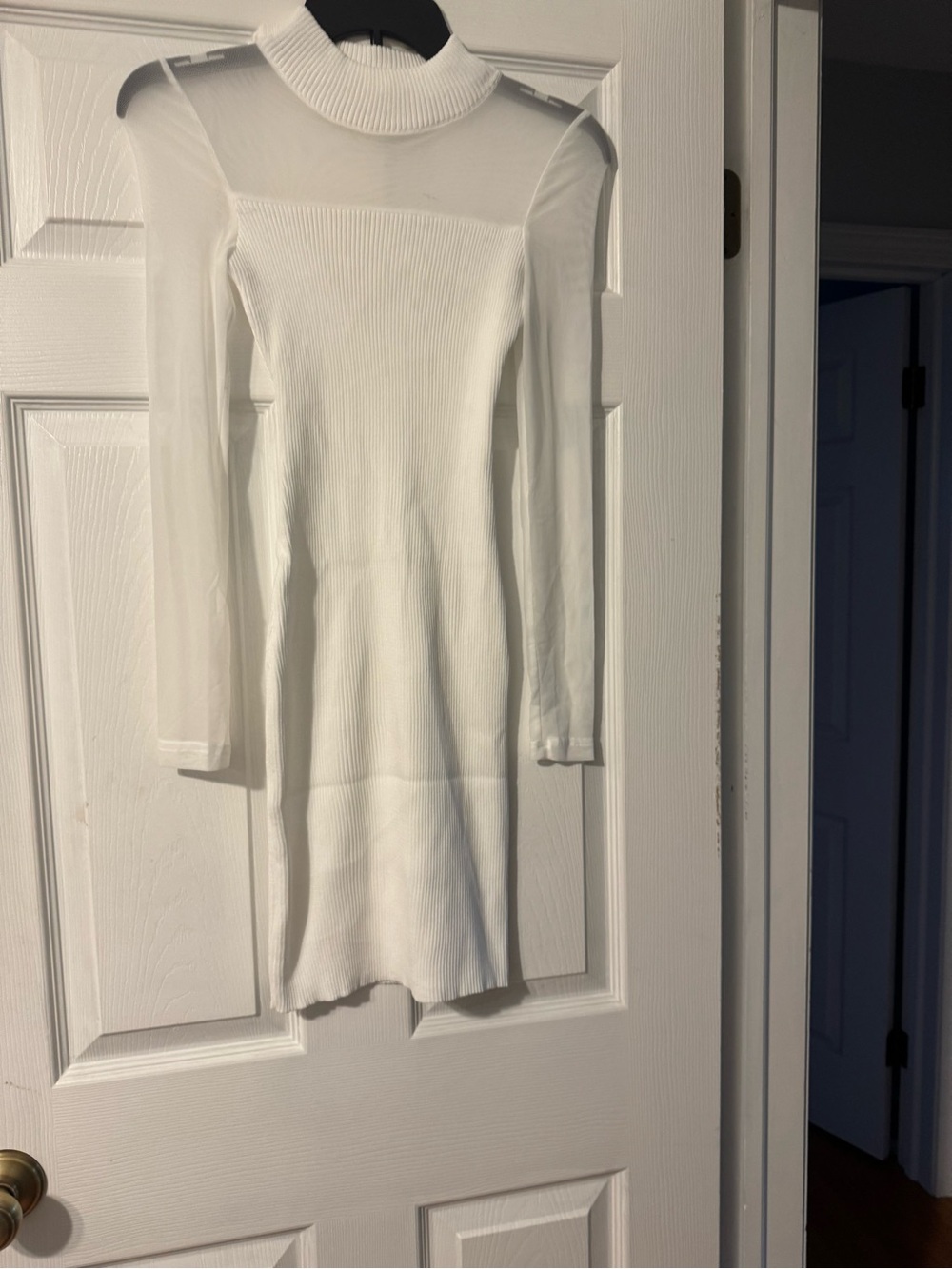 Active USA White Ribbed Sheer-Yoke Mock Neck Dress
